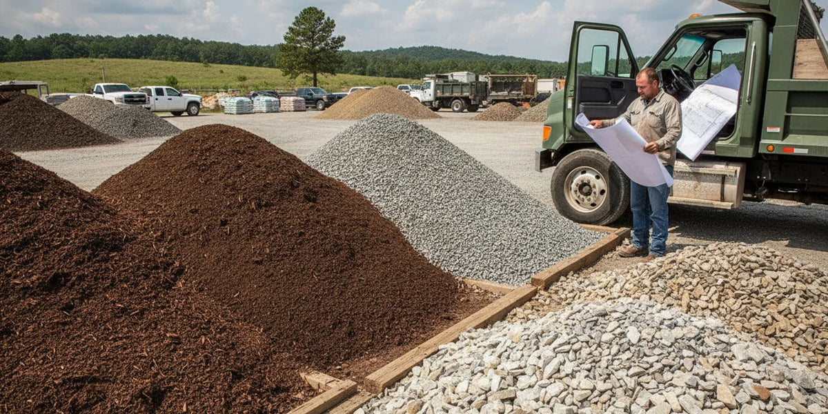 Bulk landscape materials prepared for a landscaping project in Denver, North Carolina