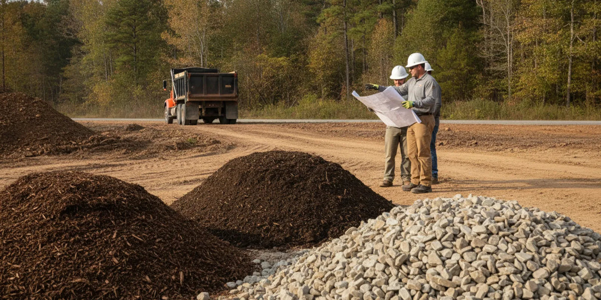 Contractor reviewing bulk landscape materials and a planned delivery area at a Fort Mill project site