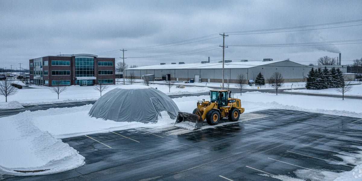 Bulk road salt stored under cover beside commercial snow and ice equipment