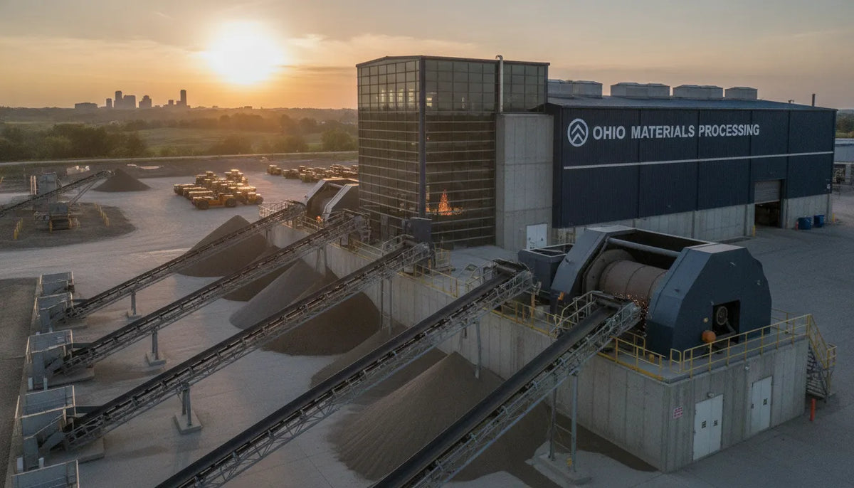 Commercial material screening and grinding facility in Ohio with conveyors and processing equipment.