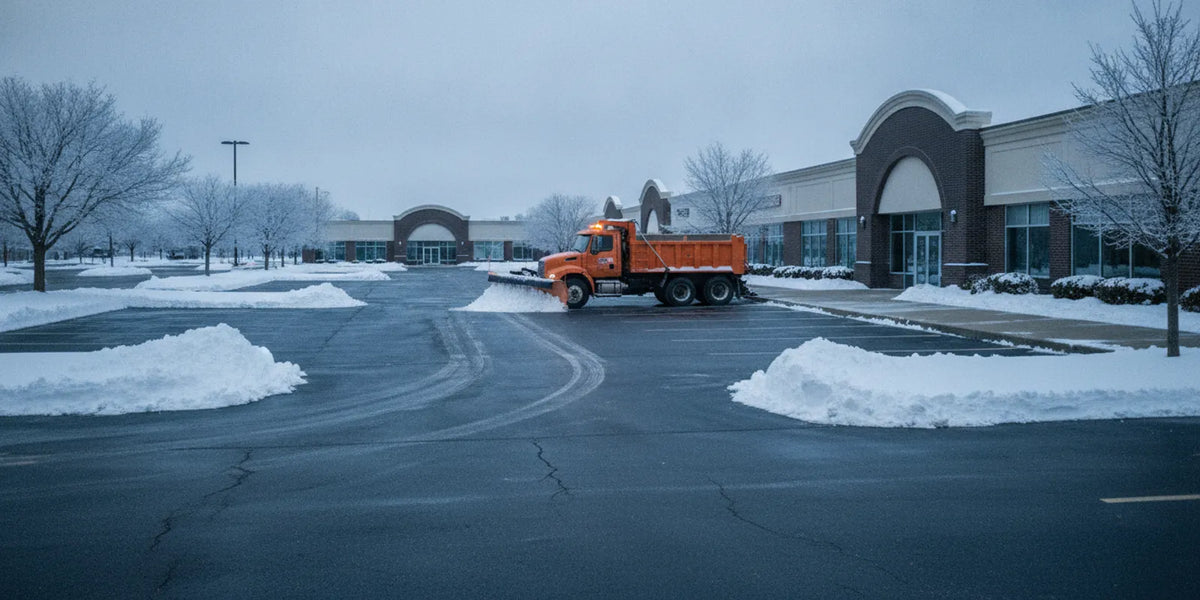 Commercial snowplow clearing a wide parking lot beside a business property