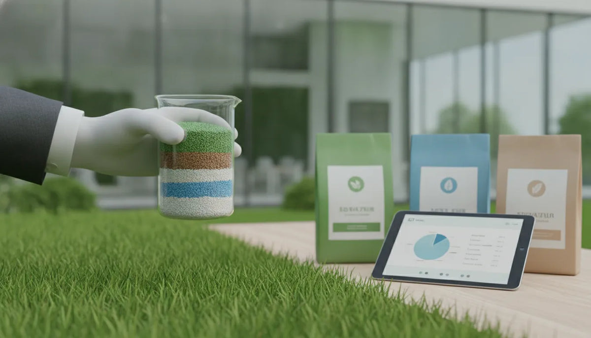 Hand holding a jar of lawn fertilizer granules beside fertilizer bags and a tablet on grass.