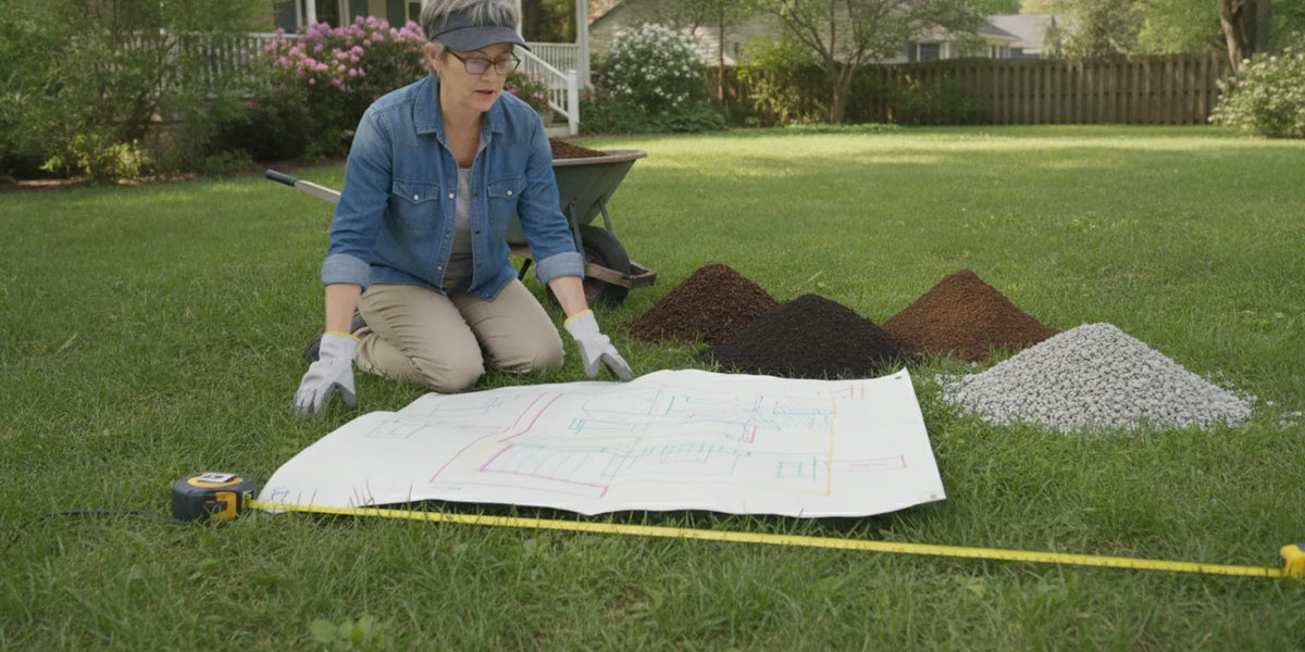 Bulk landscape materials staged beside a home garden bed in Ohio