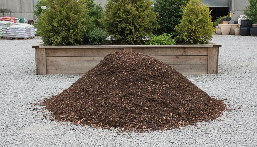 Bulk compost for sale piled beside a planted wooden bed at a landscape supply yard