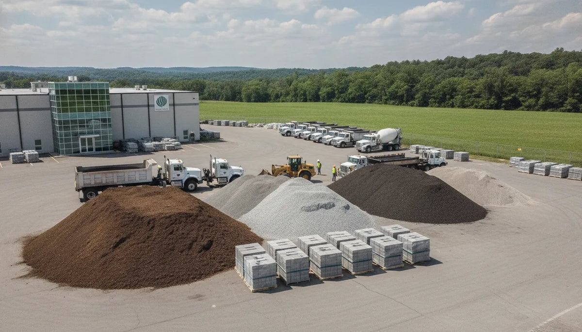 Bulk landscaping materials, including mulch, gravel, and stone, at an Ohio supplier yard.