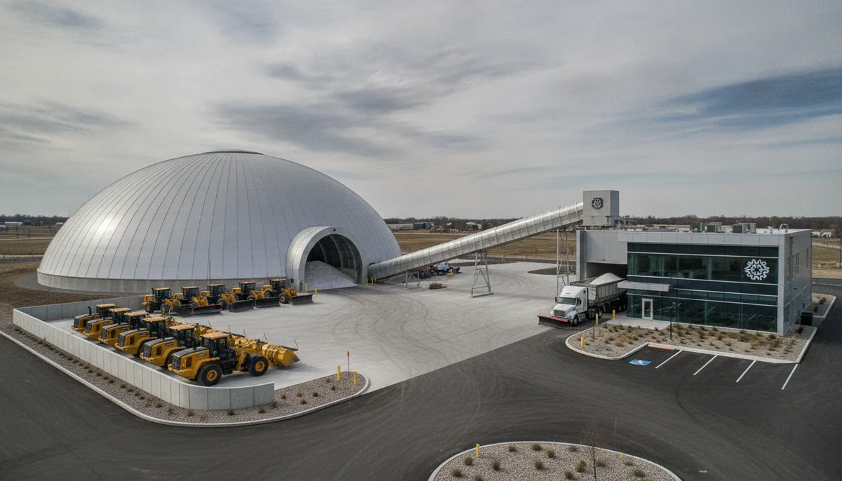Bulk salt storage and handling dome with loaders and trucks at a commercial property.
