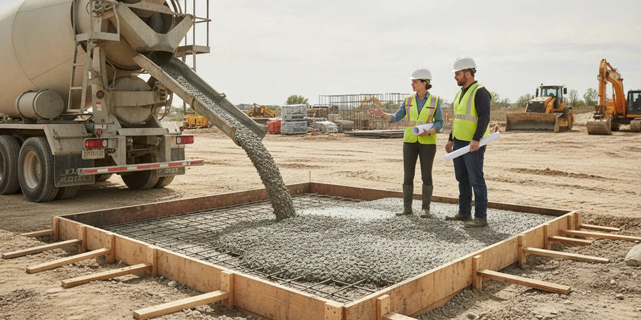 Concrete crew coordinating a commercial pour beside a mixer truck at an active jobsite