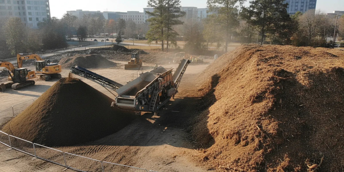 Commercial material screening equipment working beside organized stockpiles at a Charlotte-area jobsite