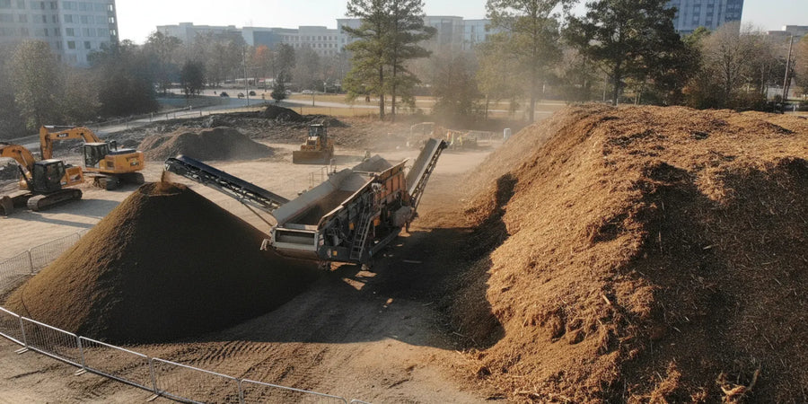 Commercial material screening equipment working beside organized stockpiles at a Charlotte-area jobsite