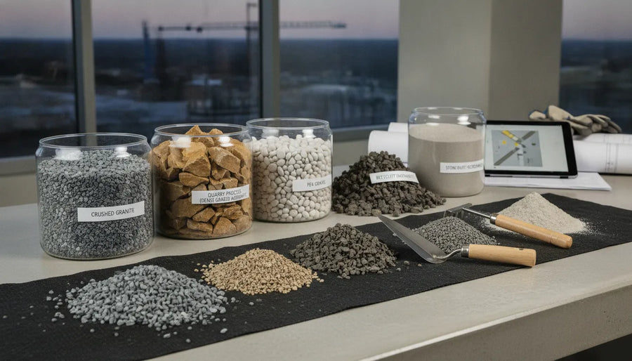 Samples of crushed stone types, including granite, quarry process, pea gravel, and stone dust.