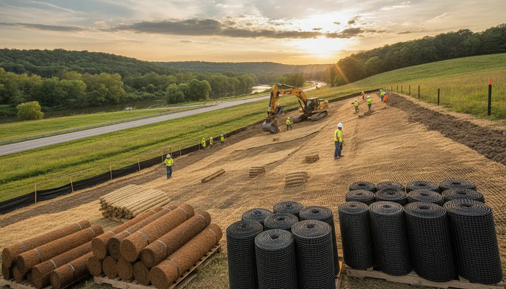 
                  Erosion control products, including blankets, wattles, and turf mats, on an Ohio jobsite.
                