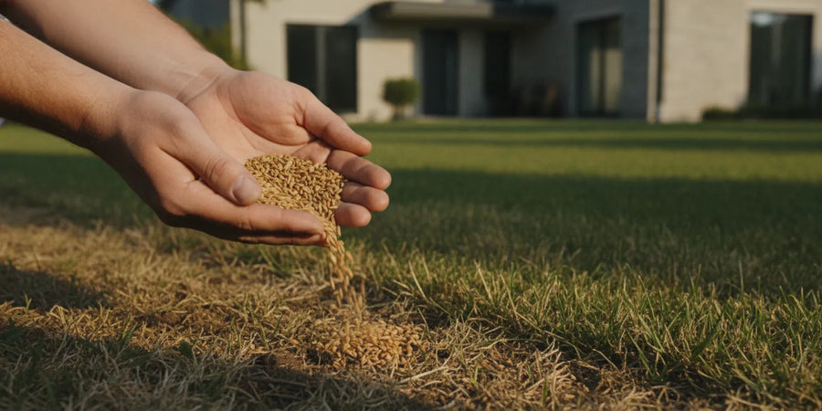 Close view of a homeowner holding a small handful of grass seed beside a patchy lawn