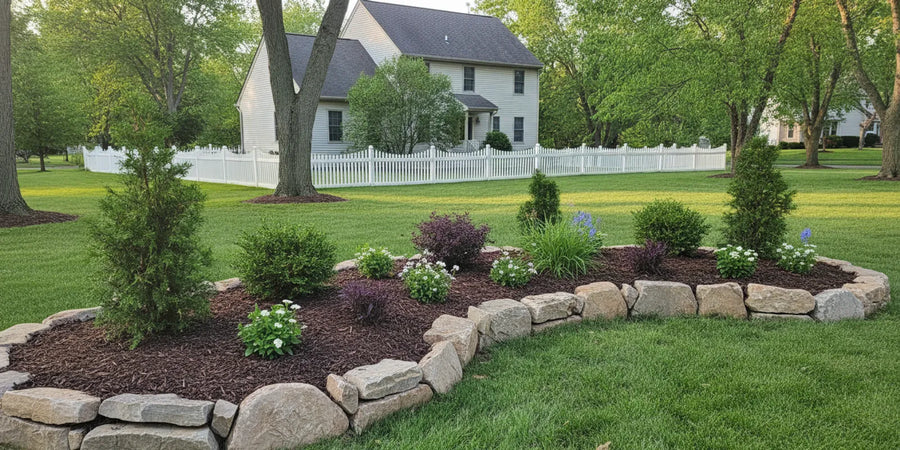 Decorative stone covering a landscaped garden bed beside a home