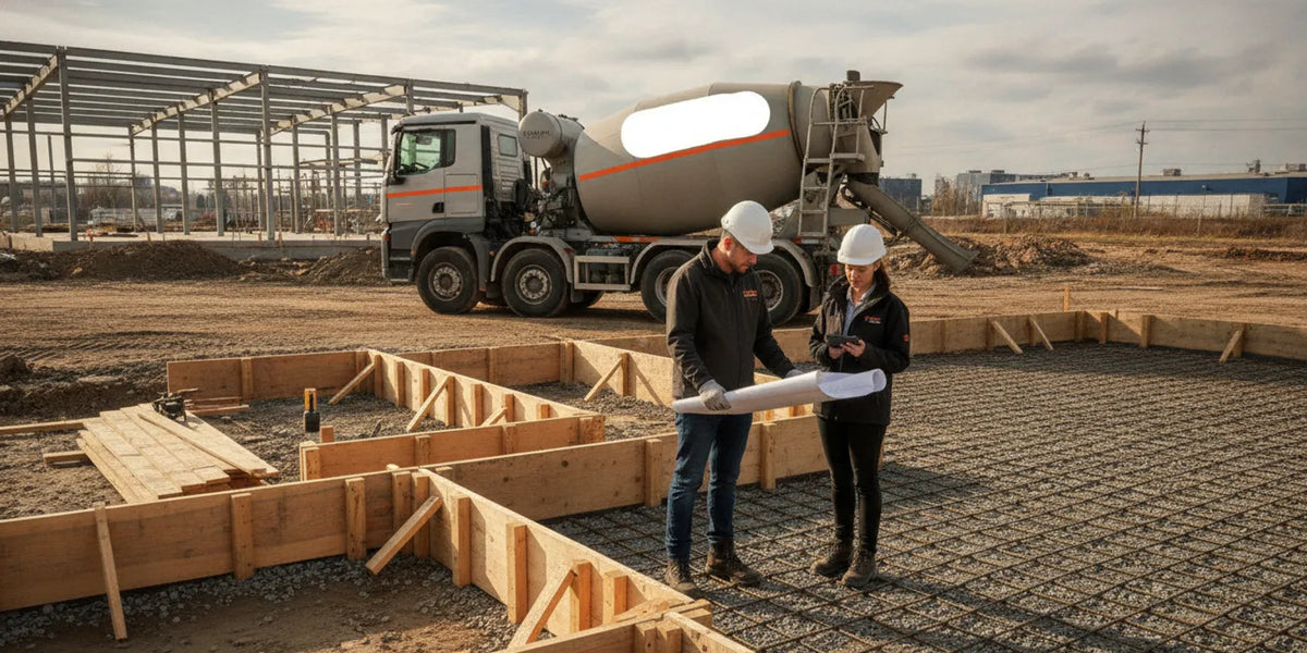 Concrete truck positioned beside a contractor’s prepared jobsite