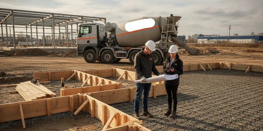 Concrete truck positioned beside a contractor’s prepared jobsite