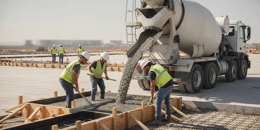 Volumetric concrete truck mixing concrete beside an active commercial jobsite