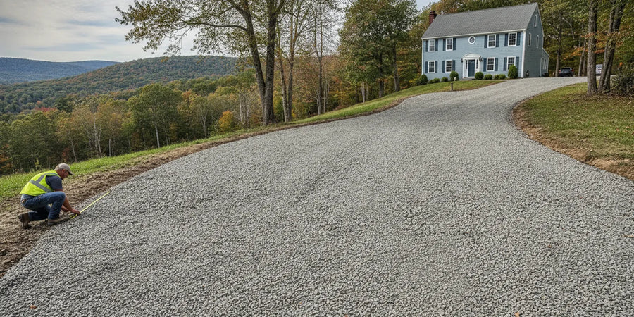 Gravel driveway being prepared beside a home with a compacted stone base