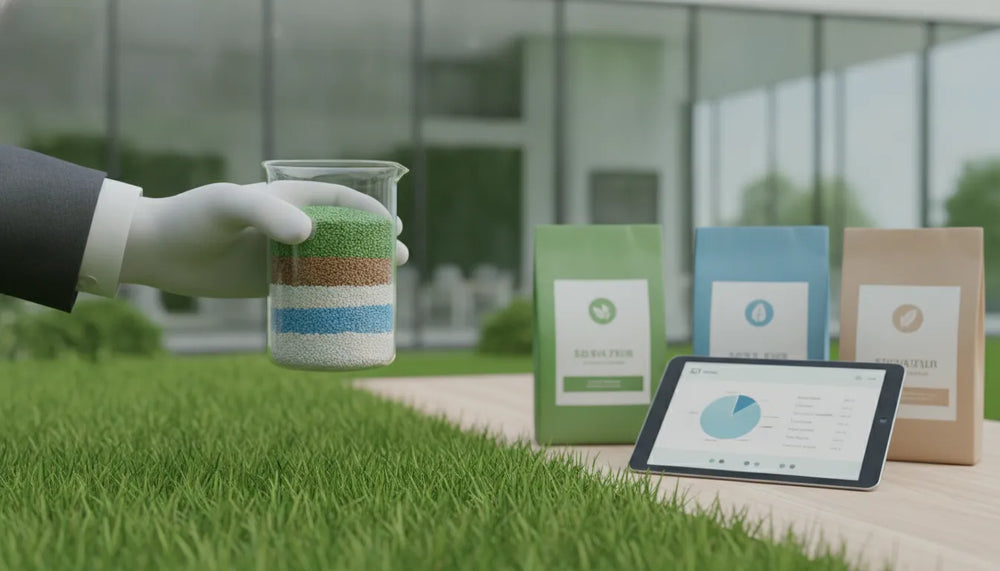 
                  Hand holding a jar of lawn fertilizer granules beside fertilizer bags and a tablet on grass.
                