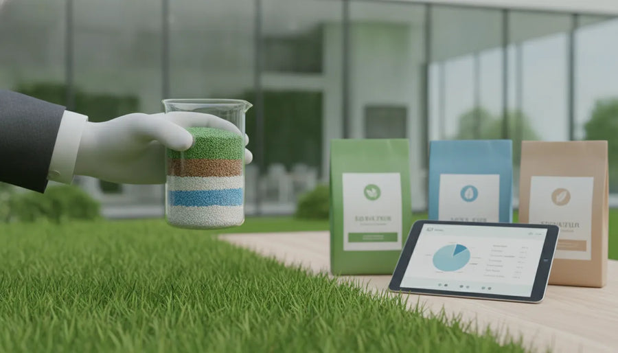 Hand holding a jar of lawn fertilizer granules beside fertilizer bags and a tablet on grass.