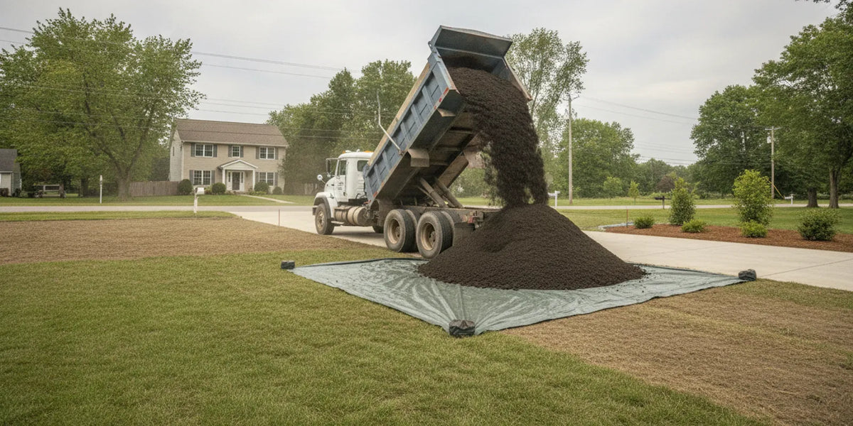 A bulk topsoil delivery truck unloading soil beside a prepared residential lawn