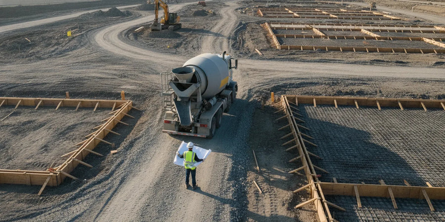 Volumetric concrete truck positioned beside a prepared commercial jobsite