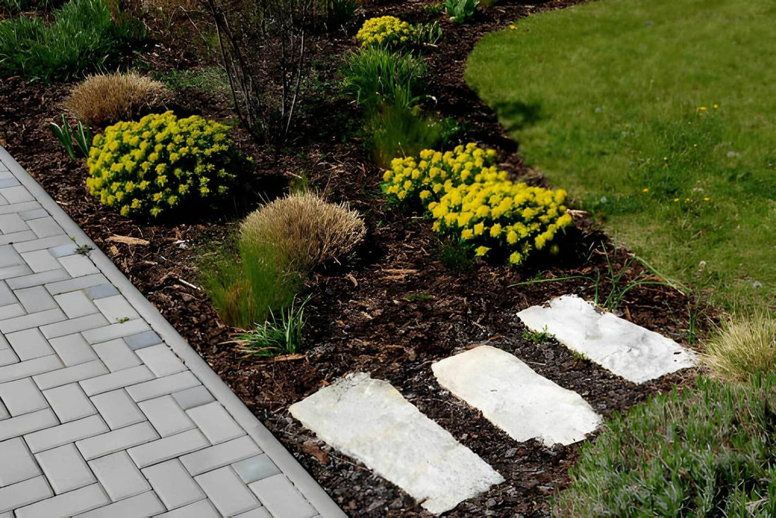 Garden bed with dark mulch, yellow flowers, and small plants beside a paved walkway and green lawn.