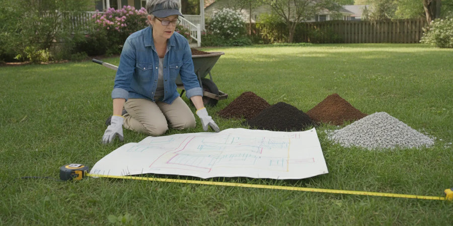 Bulk landscape materials staged beside a home garden bed in Ohio