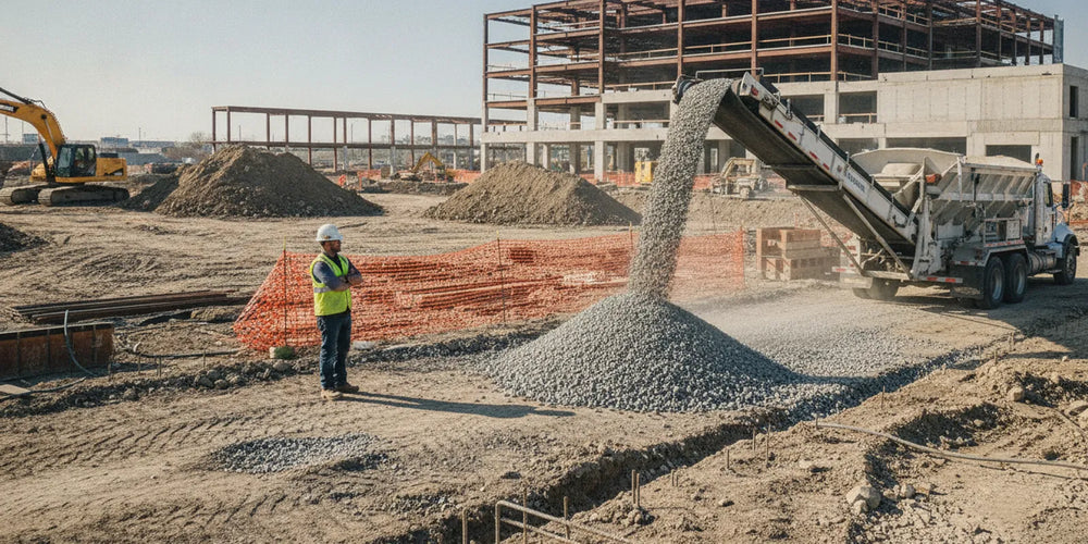
                  A conveyor-equipped stone slinger truck placing aggregate along a contractor's prepared work area
                