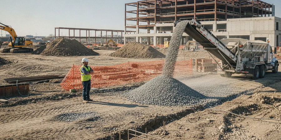 A conveyor-equipped stone slinger truck placing aggregate along a contractor's prepared work area
