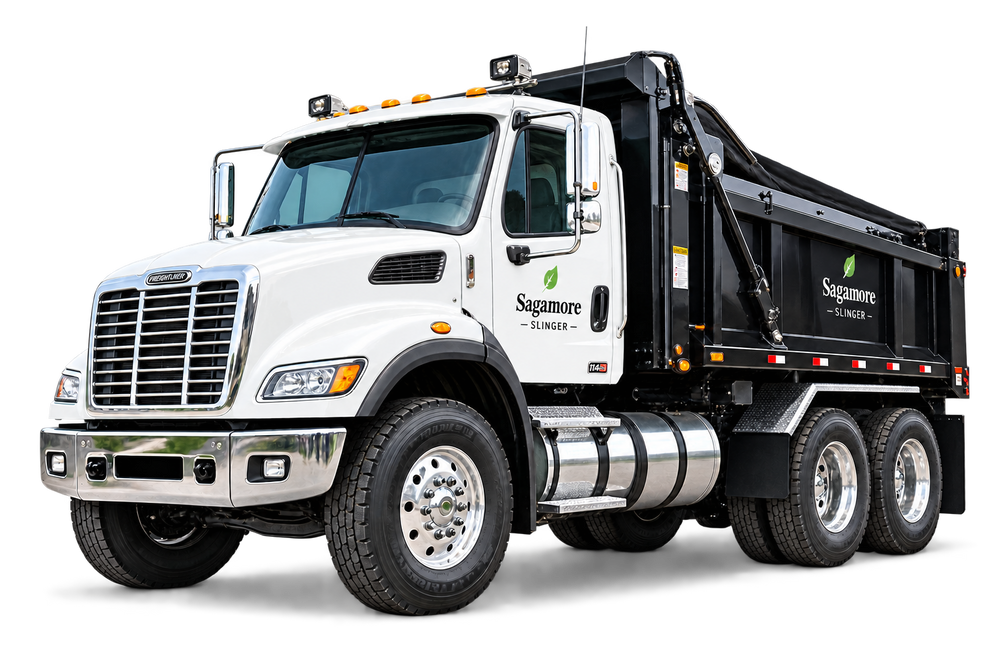 Sagamore slinger truck delivering fundraiser landscape materials